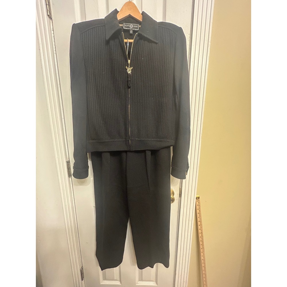 St John Sport Marie Gray Black Knit 2 Piece Jacket and Pants Set Vintage Medium